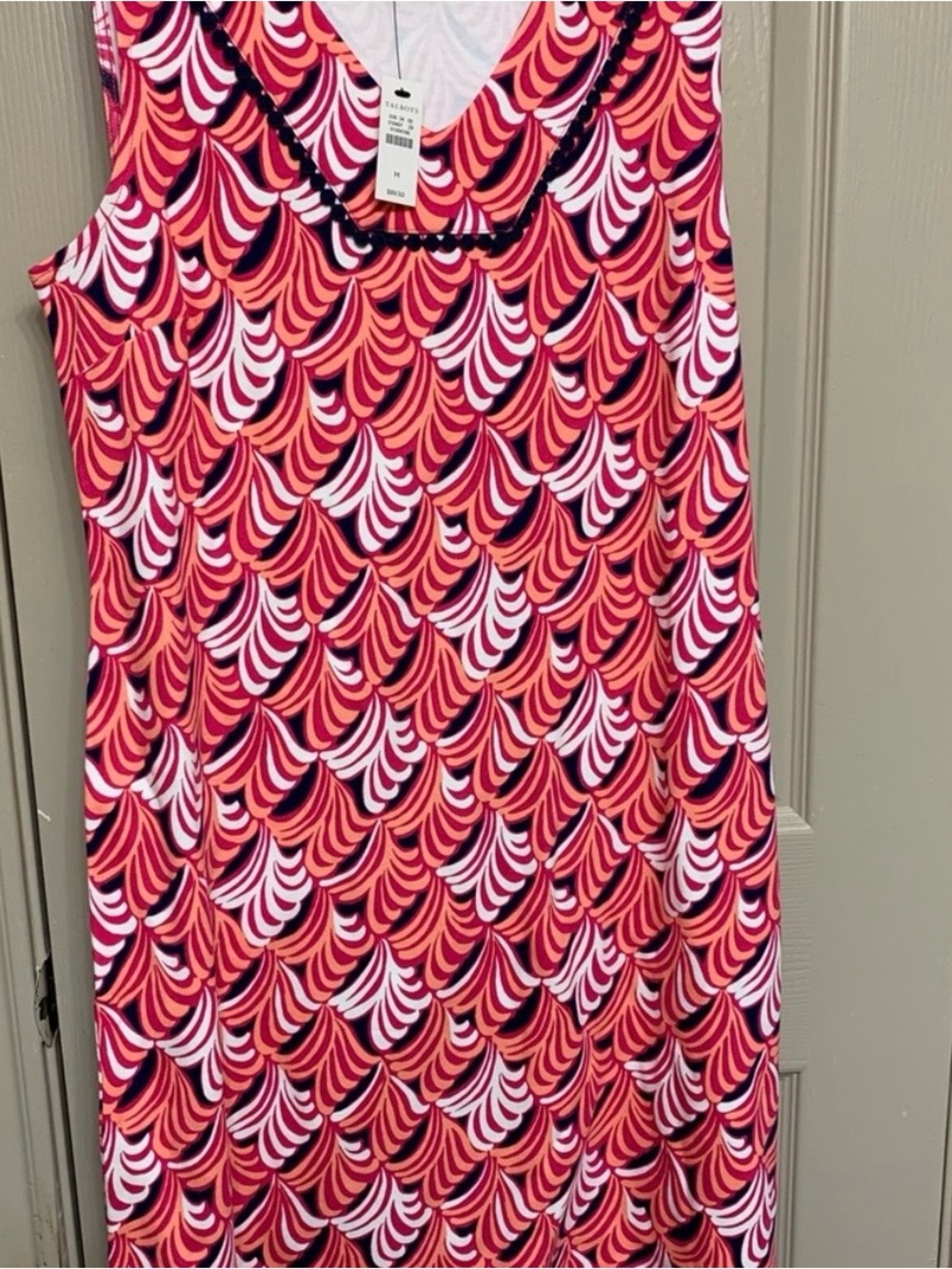 Talbots Sleeveless Wave-Print Dress in Coral, Pink & Navy